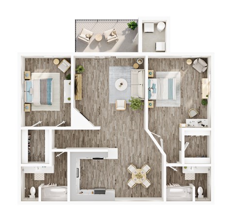 Floor plan for 2 beds, 2 baths, 1020 sqft